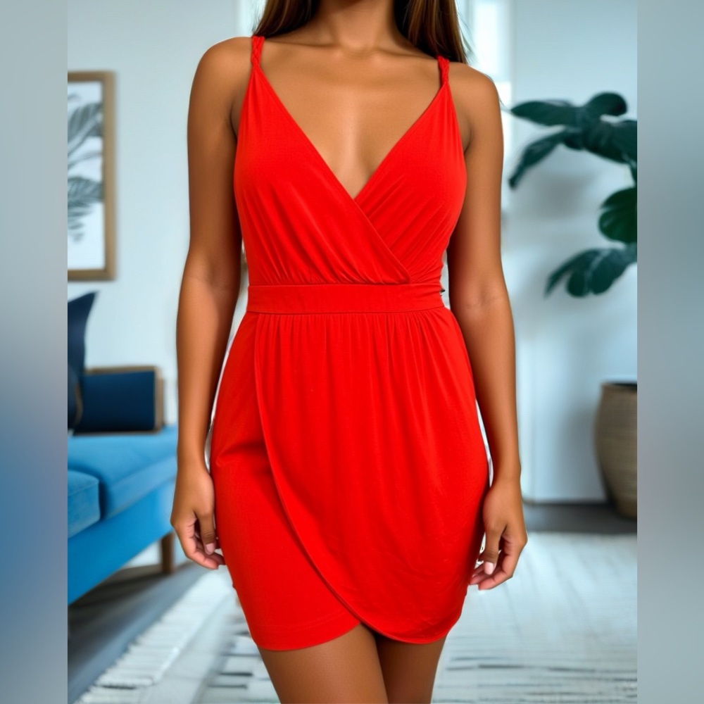 Bebe Faux Wrap Red Women’s Dress Size M Twisted Strap, Cocktail Party